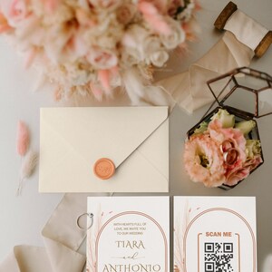 May include: A wedding invitation suite with a floral bouquet, an envelope with a wax seal, and a geometric glass box with flowers and rings. The invitation includes the names "Tiara and Anthonio" and a QR code.