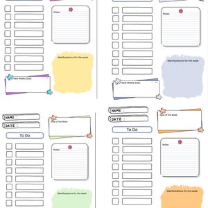 May include: Four-page planner spread with sections for name, date, to-do lists, notes, weekly goals, and manifestations. Each page has a different pastel color scheme, with star and flower accents.