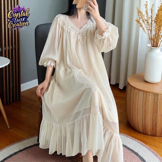flowy nightgown dress French Fairy Mesh Women's Cotton Lined Princess Sleep Long Sleeve Robe Palace Style Spring Summer Loungewear Gift, Halloween olive corduroy