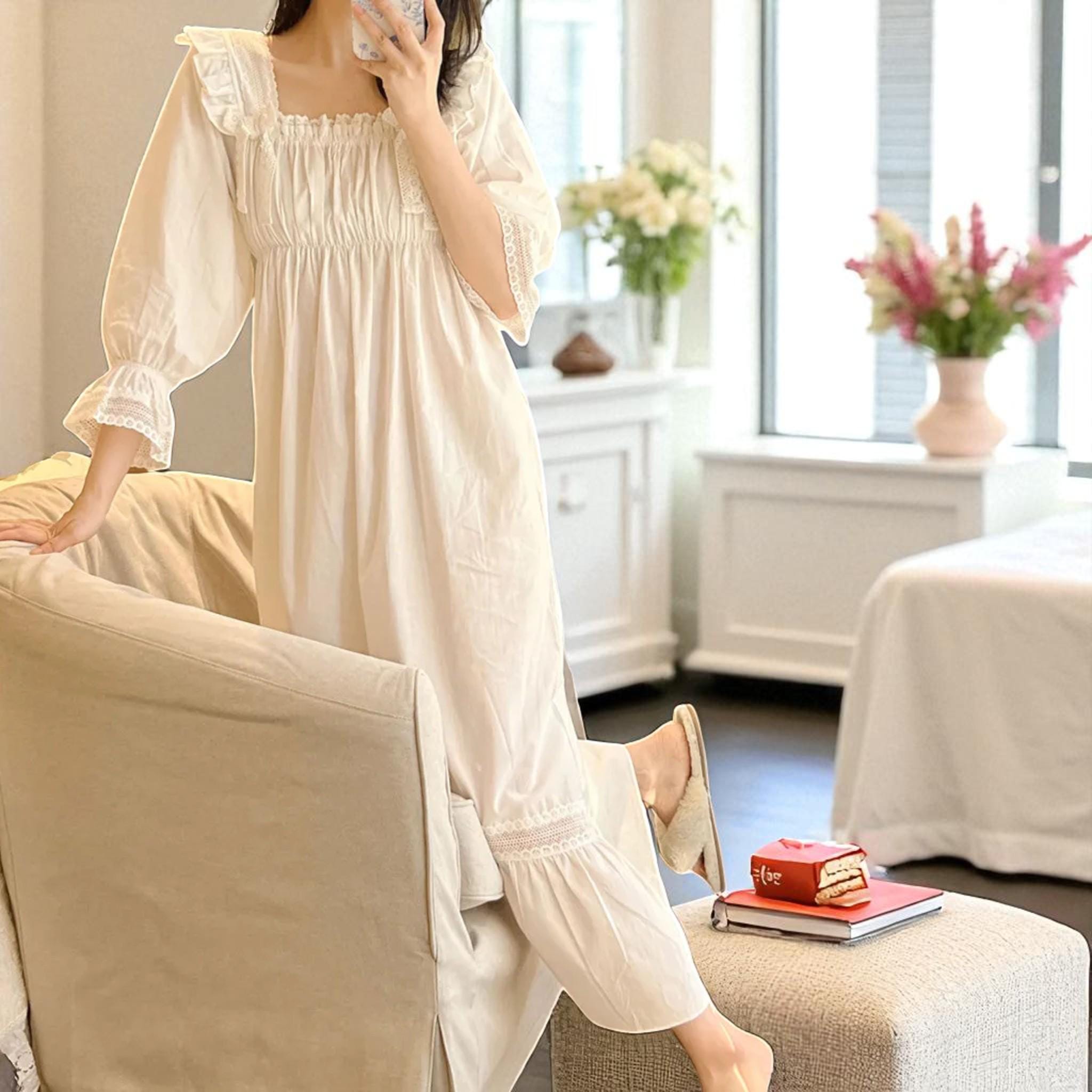 cute sleep dress Korean Sleepwear Korean Aesthetic Night Dress Cute Aesthetic Korean Pajamas Baju ALLLIST Summer Ladies Nightgown Sleeveless Sleep Dresses Blue Breathable Bow Print Night Clothes Women Pajamas XL ALLLIST is proud to offer a luxurious selection of womens pajamas White Cotton Night Dress Sleeping