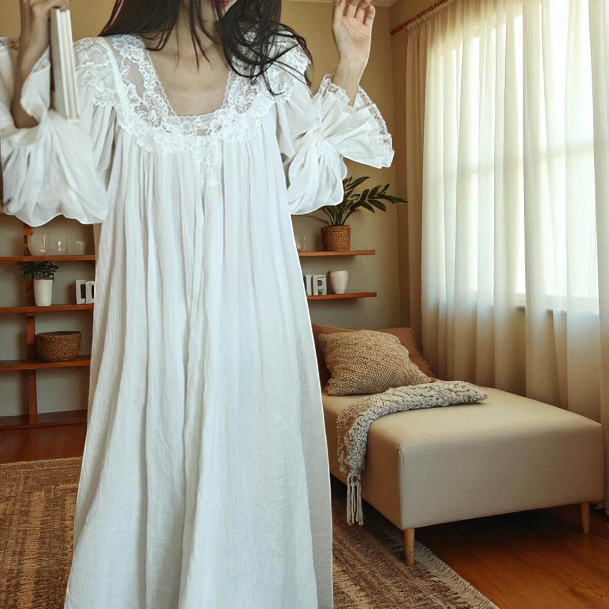 Robe De Nuit Vintage Française - Bleu Ciel Et Blanc - Broderie Dentelle - Taille 36/38