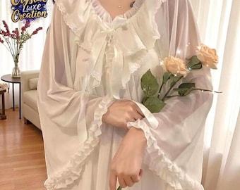 Vintage Lace Princess Nightgown Women Long Sleeve Sleepwear Elegant Night Dress Bridal Shower Gift Birthday Gift Spring Summer UK US