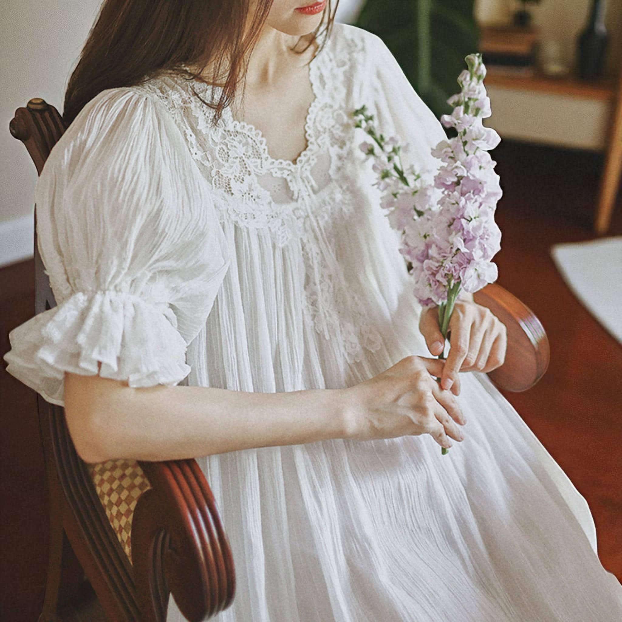 French Lace V‑neck Nightdress White Cotton, Princess Victoria Long