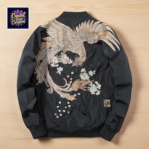 Minimalist Embroidered Bomber Jacket,Unisex Bird Baseball Coat Spring,Japanese Streetwear Gift,Casual Pilot Jacket for Summer, Birthday Gift