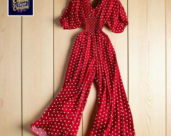 Polka Dot V-Neck Romper for Women,Puff Sleeve High Waist Wide Leg Jumpsuit,Loose Summer Playsuit, Spring Gift for Her Outfit, Women Clothing