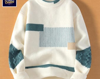 Męski wegański sweter z dzianiny, golf, przytulny, modny sweter z patchworkiem, zimowy, codzienny prezent na święta, jesienny prezent dla niego, gotowy na wiosnę