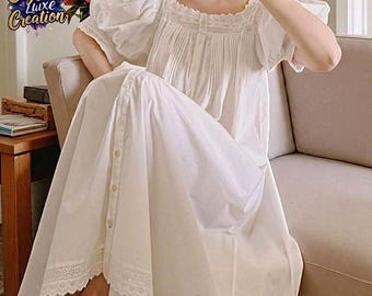 Women's Cotton Lace Nightdress, Short Sleeve Loose Gown, Vintage Style Sleepwear