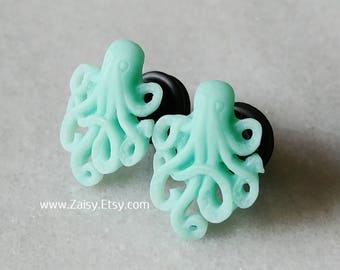 Octopus Plugs for Gauged Ears, Aqua, Size 9/16, 1/2, 00, 0, 2, 4, 6 gauge, earrings, 4mm, 5mm, 6mm, 8mm, 10mm, 12mm, 14mm