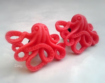 Octopus Plugs for Gauged Ears, Aqua, Peach, Red, Size 1 Inch, 7/8, 3/4, 5/8, 9/16, 1/2, 00, 0, 2, 4, 6 gauge, earrings