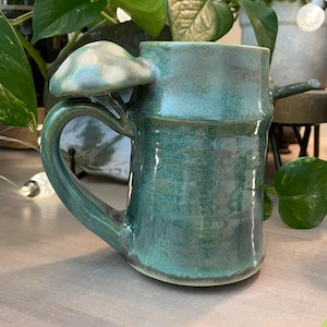 Giant Green Mushroom Mug – Handmade Stoneware Cottagecore Cup