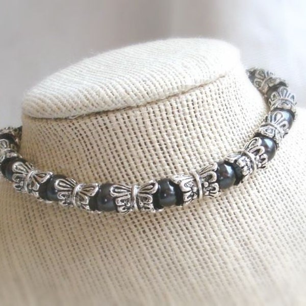 Black Pearl Choker, Black Ribbon Closure, Antique Silver Spacer Beads