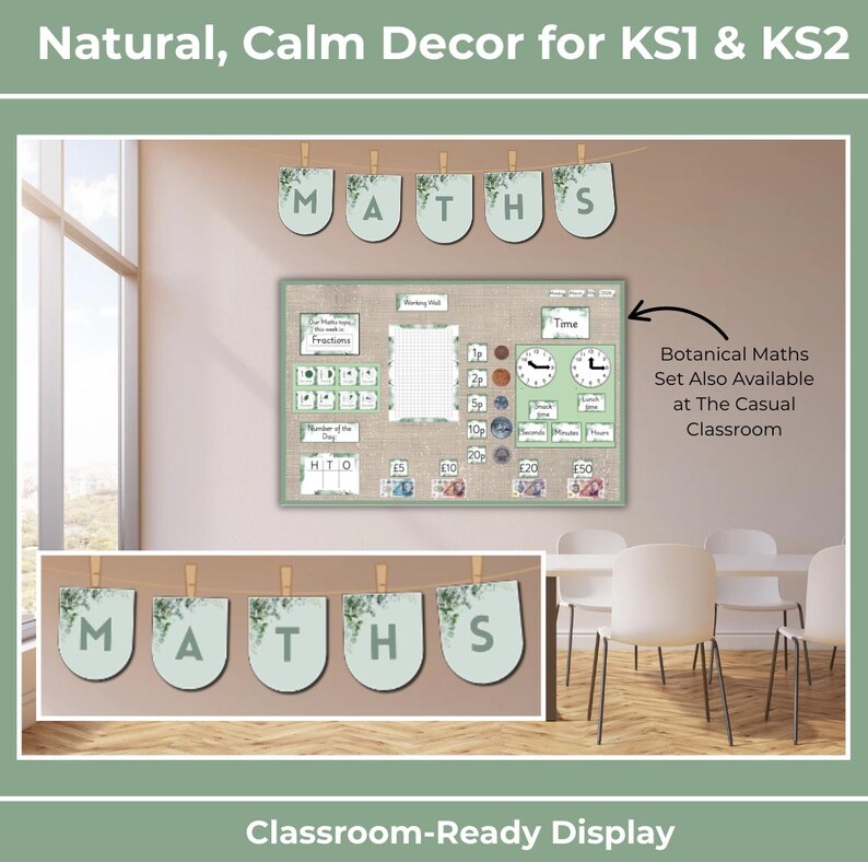 May include: Classroom-ready display featuring a botanical-themed math set. The set includes banners spelling "MATHS", a bulletin board with time and fraction elements, and currency visuals. The text "Natural, Calm Decor for KS1 & KS2" is at the top.