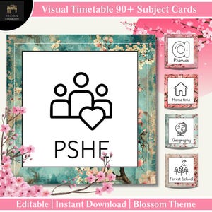 May include: A square card with a teal and gold floral border, featuring a black and white illustration of three figures and a heart, with the letters "PSHE" below. The card is part of a set of visual timetable subject cards.
