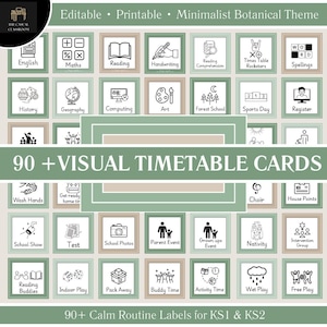 Pode incluir: Um conjunto de mais de 90 cartões de horário visual com um tema botânico minimalista. Cada cartão apresenta um ícone a preto e branco que representa várias atividades escolares. O texto "90 + VISUAL TIMETABLE CARDS" é exibido.