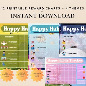 May include: A digital download offering 12 printable reward charts across four themes. The charts are designed for tracking habits and goals, with illustrations and the text "Happy Habits Tracker". The text "Instant Download" is also included.