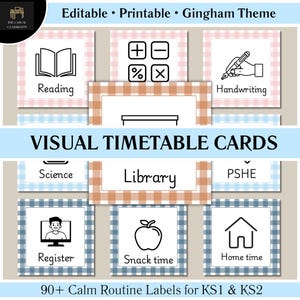 Op de afbeelding: Een set afdrukbare visuele tijdschema kaarten met een ruitjespatroon thema. De kaarten bevatten pictogrammen en tekst voor verschillende activiteiten zoals lezen, handschrift en snacktijd. De tekst "VISUAL TIMETABLE CARDS" is prominent aanwezig. De set bevat 90+ labels voor KS1 & KS2.