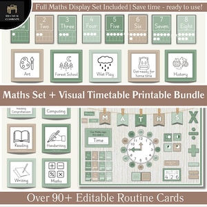 May include: A collection of educational printables for a classroom or home school. Includes number cards, subject cards, a visual timetable, and editable routine cards. The color scheme is soft green and beige.