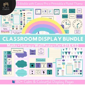 May include: A classroom display bundle in pastel shades. The image features posters for maths and literacy, clocks, fractions, and punctuation guides. Text includes "Classroom Display Bundle" and "Maths + Literacy Wall Posters for KS1 & KS2".