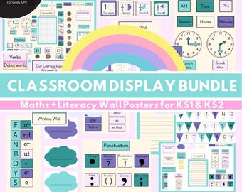 Classroom Display Bundle Editable – Pastel Maths & Literacy Posters | KS1 KS2 Back to School Decor