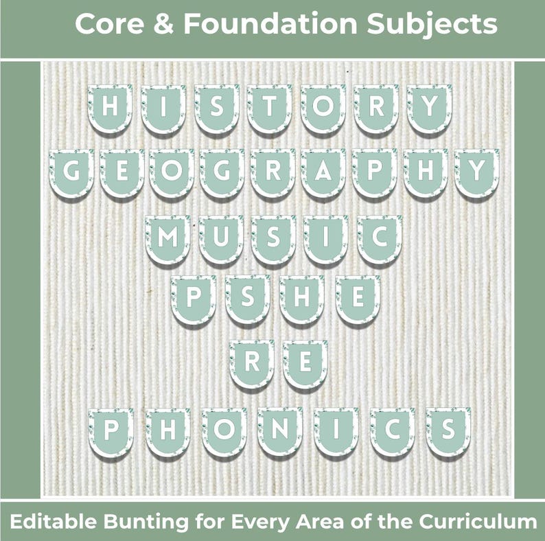 May include: A teal and white bunting with the words "HISTORY", "GEOGRAPHY", "MUSIC", "PSHE", "RE", and "PHONICS" printed on it. The text "Core & Foundation Subjects" is at the top, and "Editable Bunting for Every Area of the Curriculum" is at the bottom.