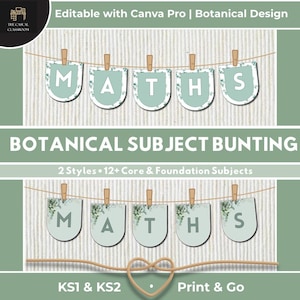 Könnte beinhalten: Ein Banner mit dem Wort "MATH" in hellgrünen und weißen Wimpeln mit botanischem Design. Die Wimpel sind mit Holzklammern an einer Schnur befestigt. Der Text "BOTANICAL SUBJECT BUNTING" ist darunter zu sehen. Der Text "Editable with Canva Pro" ist ebenfalls vorhanden.