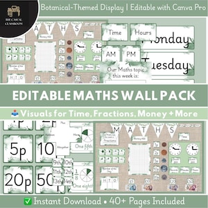 Puede incluir: Pack de pared de matemáticas editable con temática botánica, con visuales para el tiempo, las fracciones y el dinero. Incluye relojes, valores monetarios y diagramas de fracciones. Diseñado para el aula, descarga instantánea.