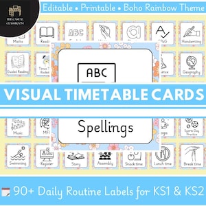 May include: A collection of printable visual timetable cards with a boho rainbow theme. The cards feature various subjects and activities, including Maths, Reading, and Spelling. The image also includes the text "90+ Daily Routine Labels for KS1 & KS2."