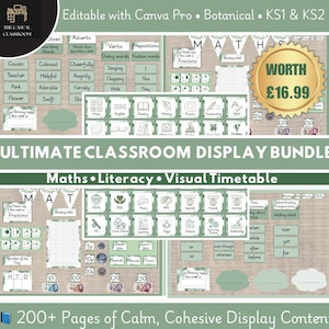 May include: A classroom display bundle with the text "Ultimate Classroom Display Bundle" and "Maths Literacy Visual Timetable." The display includes educational topics, a price tag, and the text "200+ Pages of Calm, Cohesive Display Content."