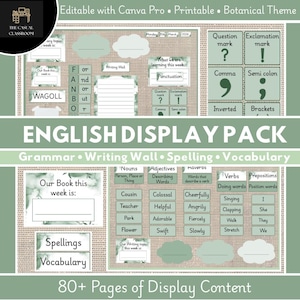 May include: A printable English display pack with a botanical theme. The pack includes grammar, writing wall, spelling, and vocabulary sections. The display features nouns, adjectives, verbs, and prepositions. The text includes "English Display Pack" and "80+ Pages of Display Content."