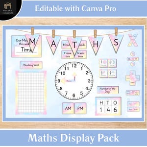 May include: A pastel-coloured Maths Display Pack with various educational elements. Includes a clock, banners spelling "MATHS", and sections for time, fractions, and numbers. The design is suitable for a classroom setting.