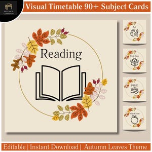 Può includere: Un set di schede di argomenti di orari visivi con un tema di foglie autunnali. La scheda principale presenta la parola "Reading" con un'illustrazione di un libro aperto. Schede aggiuntive mostrano forniture artistiche, una scatola, persone e una mela.
