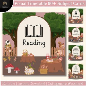 May include: A set of visual timetable subject cards with a cottagecore woodland theme. The main card says "Reading" with an open book illustration. Other cards include "Science," "Forest School," "Story," and "Nativity." The text "Editable | Instant Download | Cottagecore Woodland" is also present.