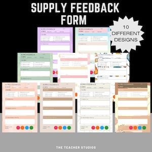 Könnte beinhalten: Eine Sammlung von zehn verschiedenen Designs von "Supply Feedback Form" Checklisten. Die Formulare sind in verschiedenen Pastellfarben gehalten und verfügen über einen Abschnitt für Checklisten und einen Abschnitt für allgemeine Schritte mit Emoji-Gesichtern. Der Text "10 DIFFERENT DESIGNS" ist ebenfalls sichtbar.