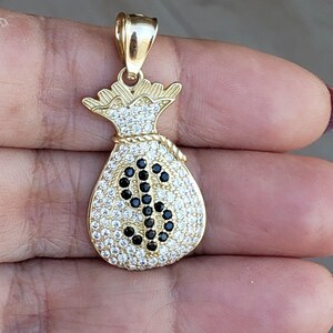 Money Bag Pendant in Gold Plating With 925 Silver – Hip Hop Iced Out Necklace with Dollar Sign,Bling Gift for Him, Urban Streetwear Jewelry