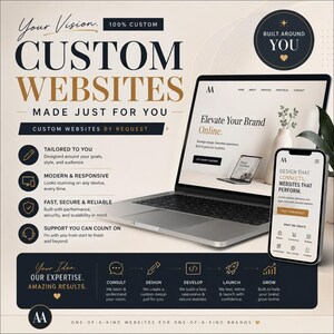 Op de afbeelding: Een promotionele afbeelding voor op maat gemaakte website-ontwerpdiensten met een laptop en smartphone. De tekst bevat 'Your Vision. 100% Custom. Custom Websites Made Just For You. Built Around You. Your Idea. Our Expertise. Amazing Results.'