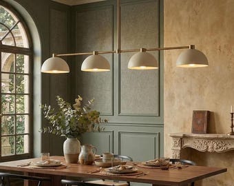 Modern 4 Light Linear Pendant Chandelier, Cream Dome Shades, Brass Dining Room Light, Minimalist Kitchen Island Ceiling Fixture