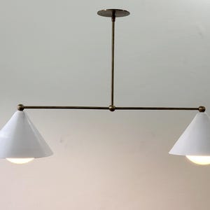 2-Light Globe Pendant Light  | Mid Century Modern Chandelier |  White Cone Shade Brass Fixture