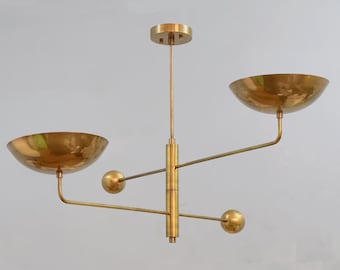 Mid Century TWO Curved Light Sputnik Chandelier | Modern Raw Brass Vintage light Entryway, Bedroom, hallway, Office, Duringroom light.