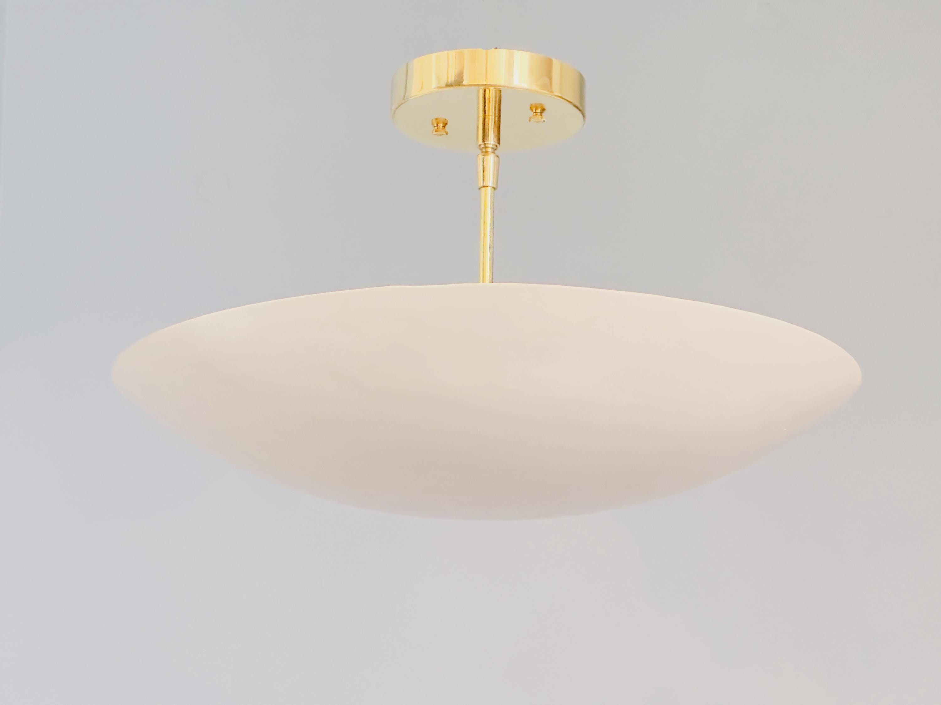 1950's 6 light Mid Century Modern Polished brass & White Shade | Elegant Ceiling Flushmount Light | Sputnik Chandelier Light Fixture.