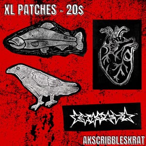 XL Block Printed Canvas Sew-On Patches: Waterproof Alaskan Fish, Heart, Star, Raven