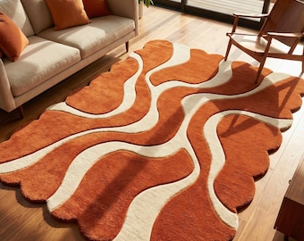 Modern gebeeldhouwd gebroken wit gebrand oranje geschulpte handgetuft wollen karpetten voor woonkamer, abstract golfpatroon aangepast formaat slaapkamertapijt