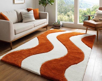Hand Tufted Wool Rug, Burnt Orange Wave Pattern, Retro Modern
