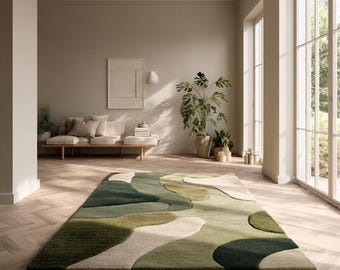Abstract Hand Tufted Retro Green 8x10 Rugs for Living Room, Custom Wool Area Rug for Bedroom, Handmade 3x5 4x6 5x7 5x8 Rugs, Modern 6x9 Rugs