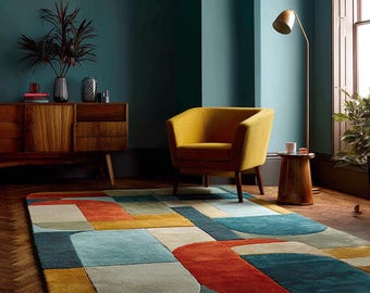 Colorful Hand Tufted 8x10 Area Rugs for Living Room, Abstract Geometric 6x9 Rugs for Dining Room, Mid Century Modern Carpet, Retro Wool Rugs