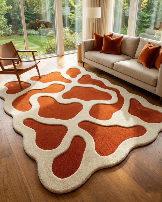 Hand Tufted Abstract Wool Rug, Orange Ivory Organic Shape Area Rug, High Low 3D Carved Modern Living Room Carpet, Custom Size 6x8 8x10 Rugs