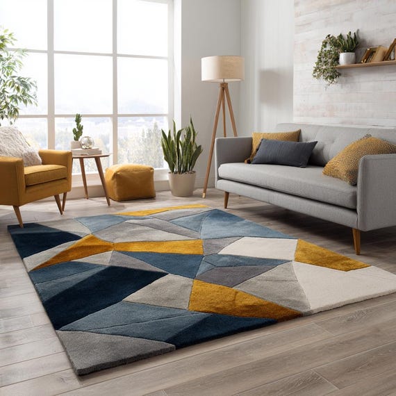 Abstract Blue Mustard and Grey Geometric Hand Tufted Wool 8x10 Area Rug for Living Room, 3D Diamond 6x9 Rug for Bedroom, Handmade Custom Rug