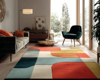 Colorful Hand Tufted 8x10 Area Rugs for Living Room, Abstract Geometric 6x9 Rugs for Dining Room, Mid Century Modern Carpet, Retro Wool Rugs