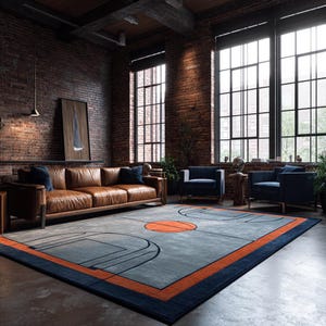 May include: A rectangular rug with a basketball court design. The rug has a grey field with orange and navy blue accents, including a basketball and court lines. The rug is in a living room with a leather sofa and blue armchairs.
