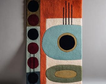 Modern Burnt Orange Teal Green Retro Geometric Hand Tufted 8x10 Wool Area Rugs for Living Room, Mid-Century Abstract Wool 6x9 Bedroom Rugs