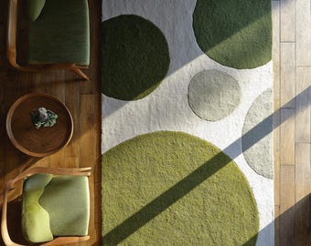 Abstract Hand Tufted Green Geometric 8x10 Rugs for Living Room, Custom Wool Area Rug for Bedroom, Handmade 4x6 5x7 5x8 Rugs, Modern 6x9 Rugs